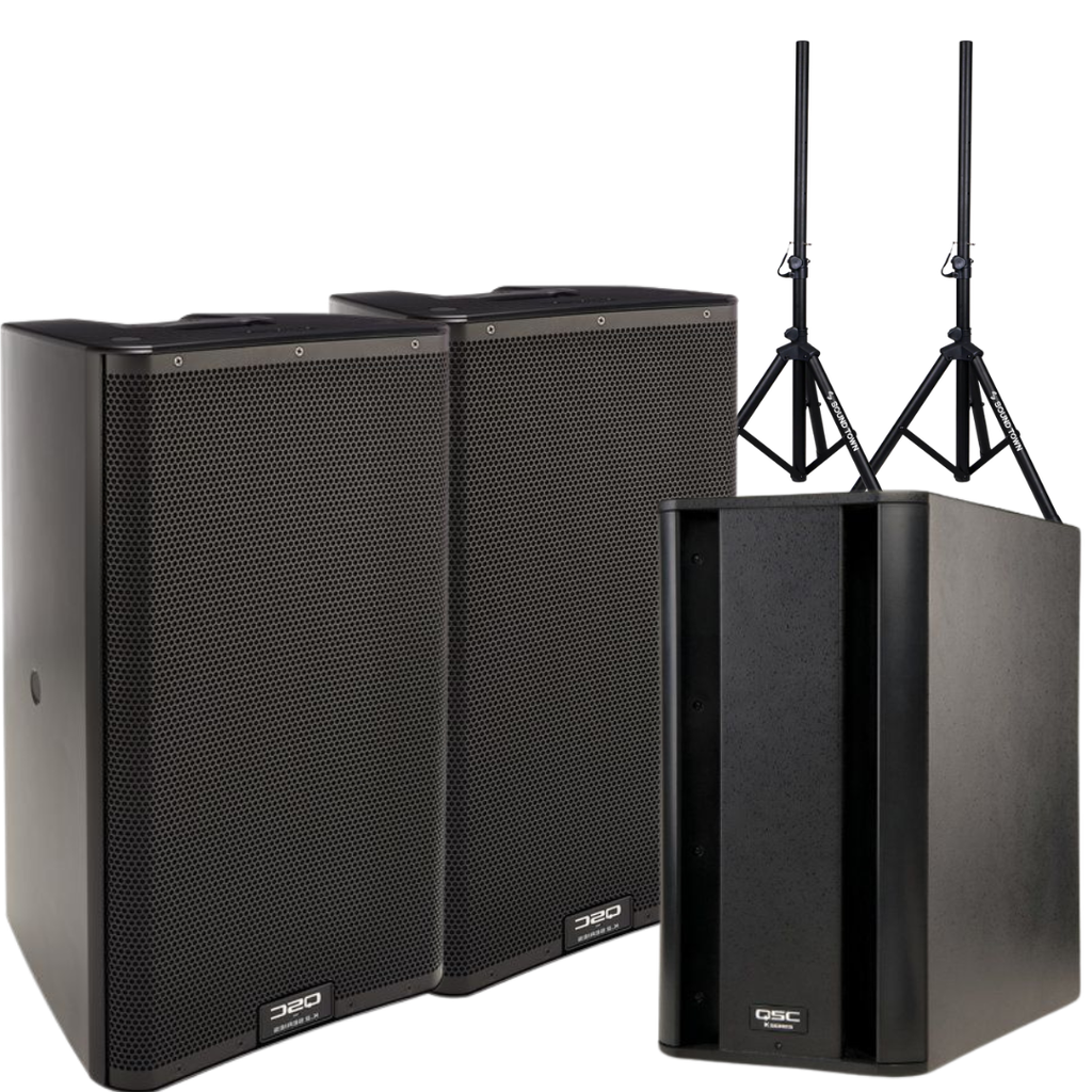 2x Speaker QSC k12.2 2kw 75 active  + 1x Subwoofer QSC 1kw active + 2 Stands