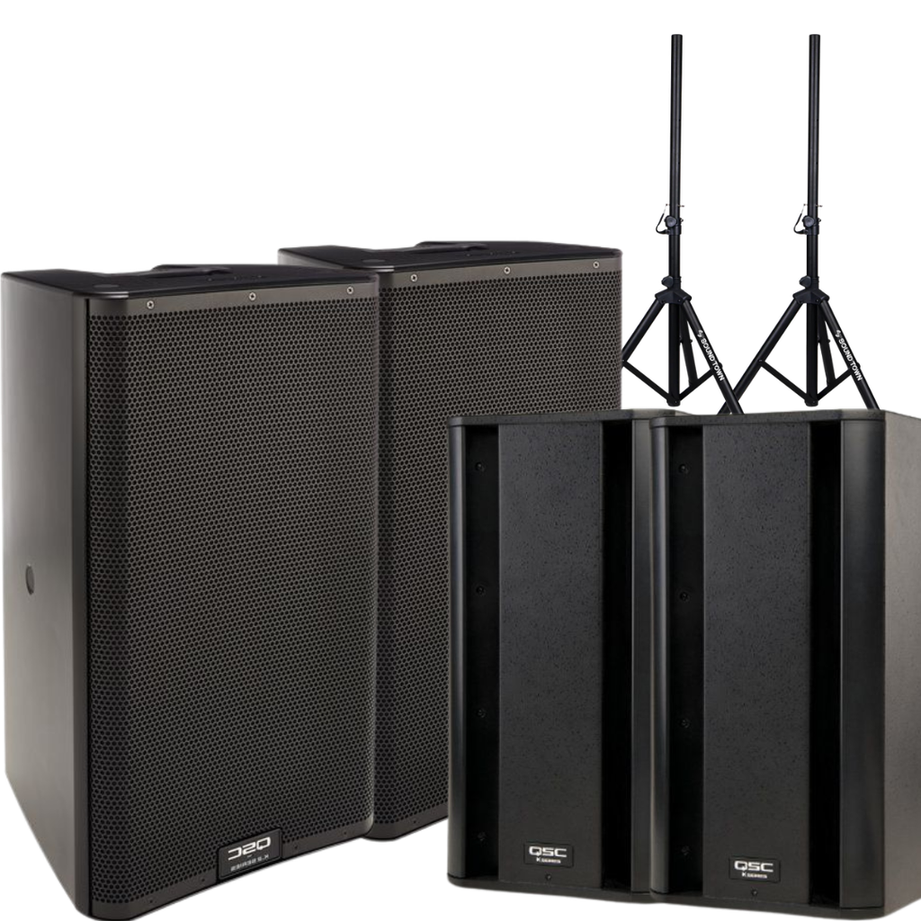 2x Speaker QSC k12.2 2kw 75 active  + 2x Subwoofer QSC 1kw active + 2 Stands