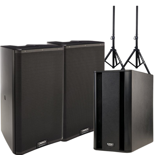 2x Speaker QSC k12.2 2kw 75 active  + 1x Subwoofer QSC 1kw active + 2 Stands